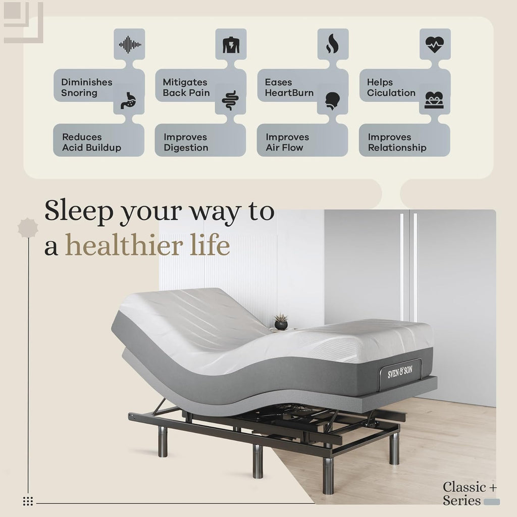 Sven & Son Classic plus (With Head-Tilt) Adjustable Bed Base (Frame) + 14 Inch Hybrid Spring Matt (Medium Soft), Head and Foot Lift, Massage, Under-Bed Lights, USB, Memory, Zero Gravity - Twin XL