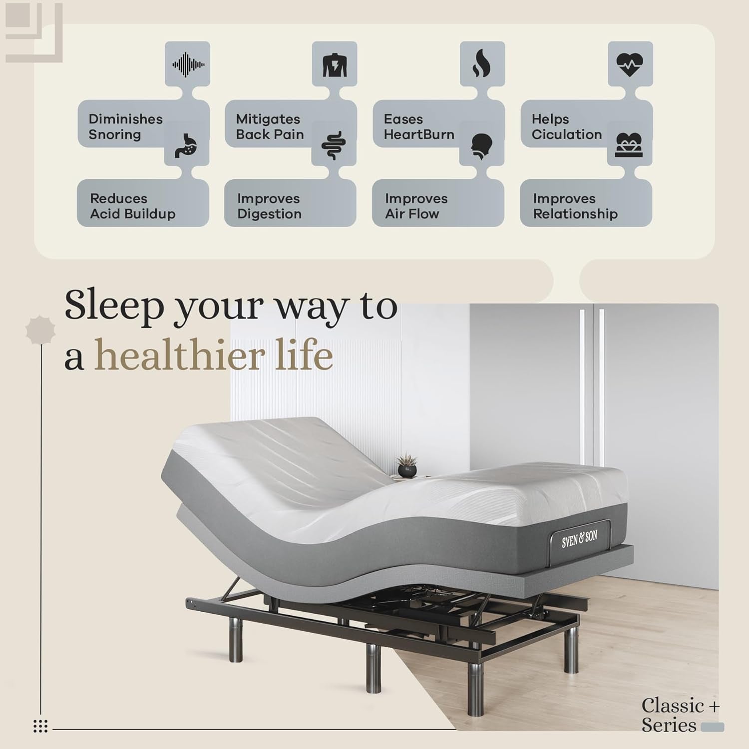 Sven & Son Classic plus (With Head-Tilt) Adjustable Bed Base (Frame) + 14 Inch Hybrid Spring Matt (Medium Soft), Head and Foot Lift, Massage, Under-Bed Lights, USB, Memory, Zero Gravity - Twin XL