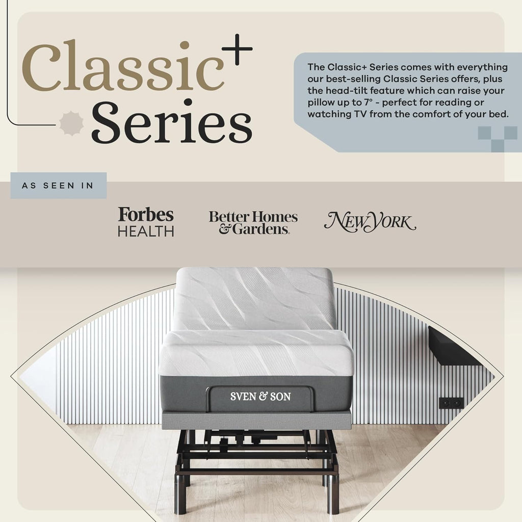Sven & Son Classic plus (With Head-Tilt) Adjustable Bed Base (Frame) + 14 Inch Hybrid Spring Matt (Medium Soft), Head and Foot Lift, Massage, Under-Bed Lights, USB, Memory, Zero Gravity - Twin XL