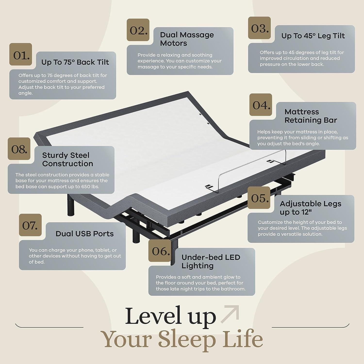 King Adjustable Bed Base Frame + 12” Luxury Cool Gel Memory Foam Mattress, Head up Foot Up, USB Ports, Zero Gravity, Interactive Dual Massage, Wireless, Classic (King)