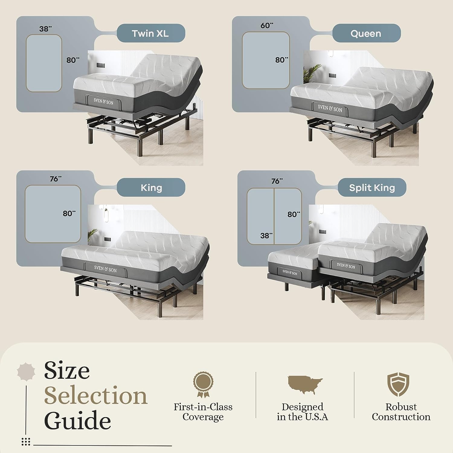 Sven & Son Classic plus (With Head-Tilt) Adjustable Bed Base (Frame) + 14 Inch Hybrid Spring Matt (Medium Soft), Head and Foot Lift, Massage, Under-Bed Lights, USB, Memory, Zero Gravity - Twin XL