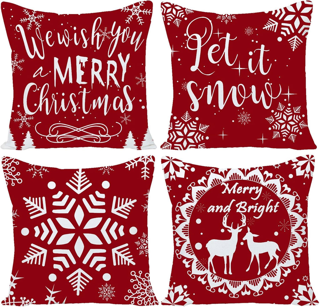 Set of 4 Merry Christmas Deer Snowflake Pine Tree Castle Sled Forest Pattern Red Cotton Linen Square Throw Waist Pillow Case Decorative Cushion Cover for Couch Sofa 22X22 Inches